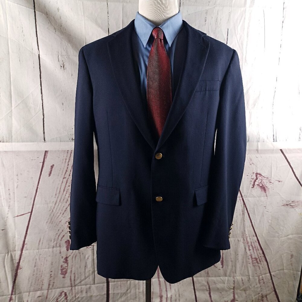 Hart Schaffner Marx 1887 Dillards 44L Wool Gold Button Blue Blazer Sport Coat